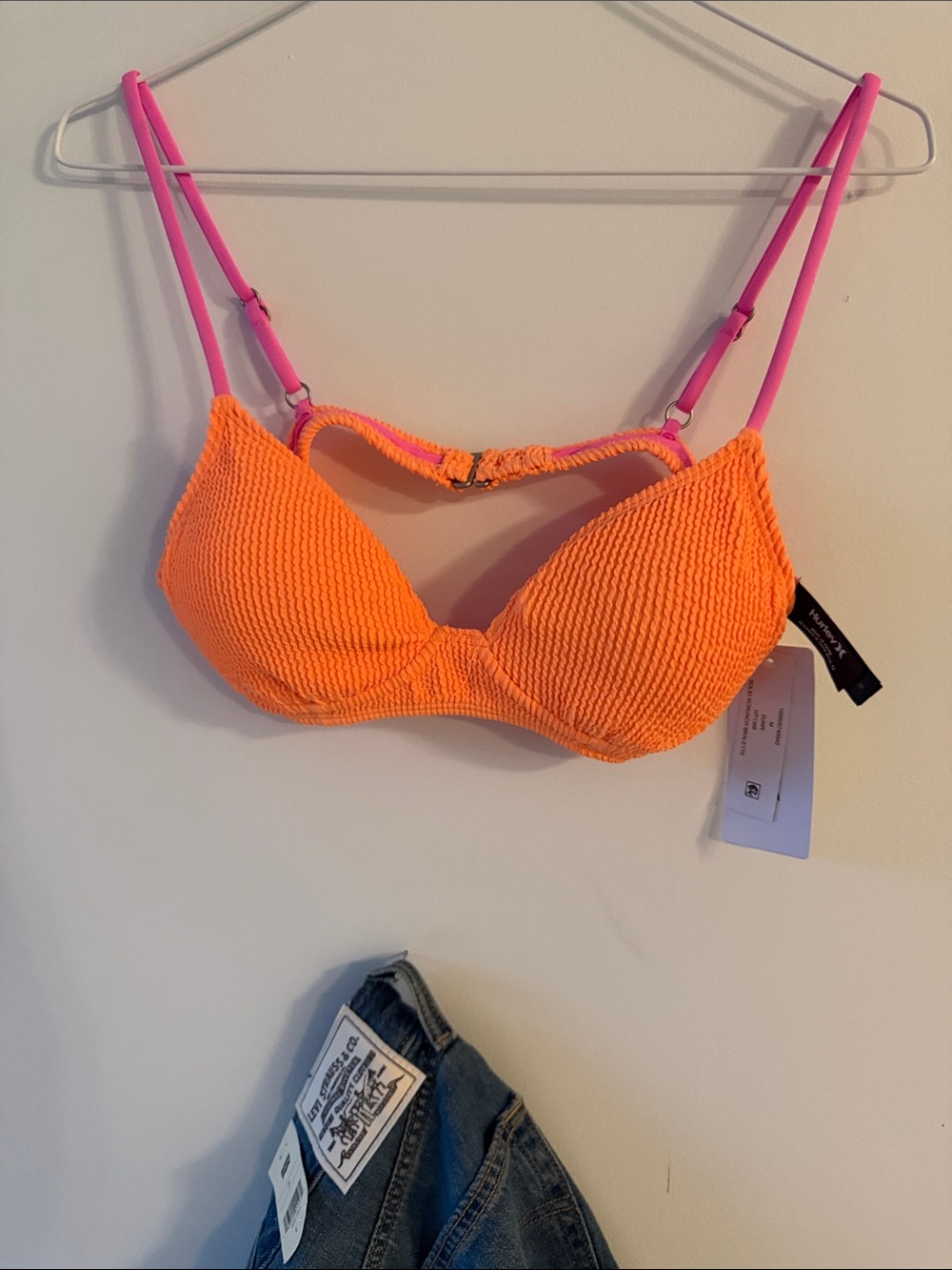 Hurley- Neon Orange Textured Bikini Top with Pink Straps